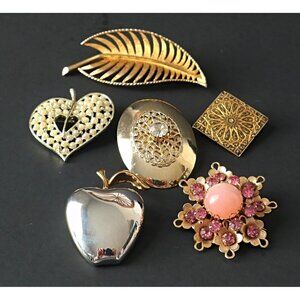 Mid-Century Modern Gold  & Silver Tone Brooches Set Of 6 W/ Pearl & Rhinestone